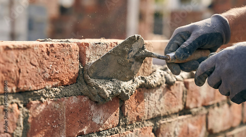 Close up bricklayer spreading wet mortar on red brick wall with trowel and gloves masonry construction craftsmanship repair and renovation building process concept
