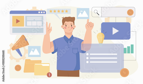 Marketing campaign concept. Man near loudspeaker, posts and articles on website. Content creator and talented author. SMM specialist promotes content on Internet. Flat vector illustration