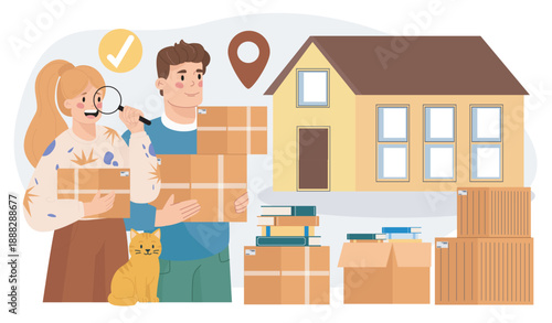 Moving to new house. Man and woman with boxes near house. Relocation and migration. Happy family relocating to new building. Wife and husband with things. Flat vector illustration