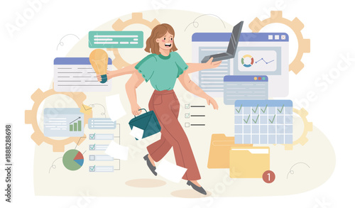 Multitask woman concept. Woman with many hands near charts, folders, and calendar. Time management and organizing efficient workflow. Overloaded businesswoman. Flat vector illustration