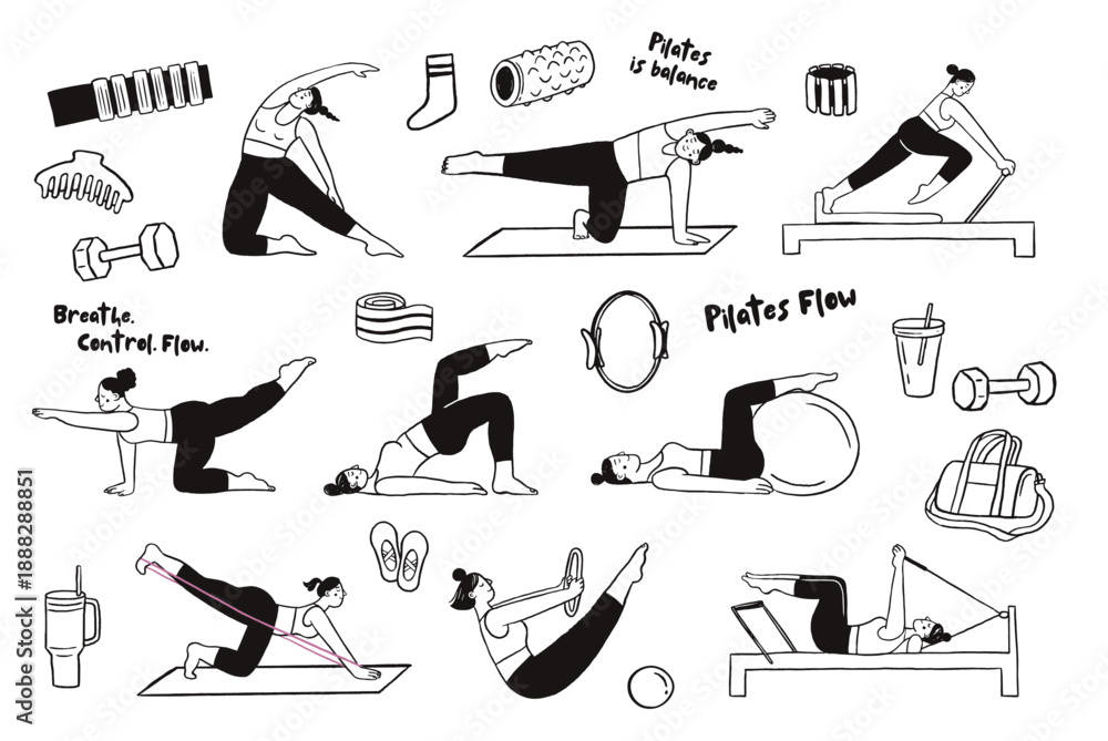 Obraz premium Pilates poses illustrations collection. Black and white minimalist drawings of women exercising and stretching.