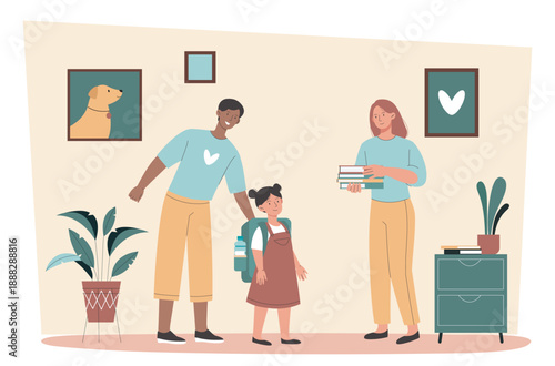 Girl preparing for school. Man, woman, and girl with backpack. Mother and father getting their daughter ready for school. Education and training. Flat vector illustration