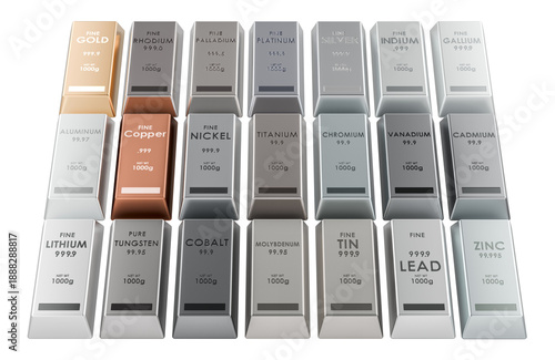 Bilde på lerret Set of precious and industrial metal ingots with purity stamps