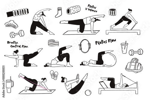 Pilates poses illustrations collection. Black and white minimalist drawings of women exercising and stretching.