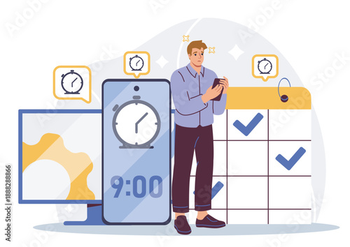 Man with reminders. Businessman with smartphone and calendar. Time management and effective workflow organization. Application for scheduling and planning. Flat vector illustration