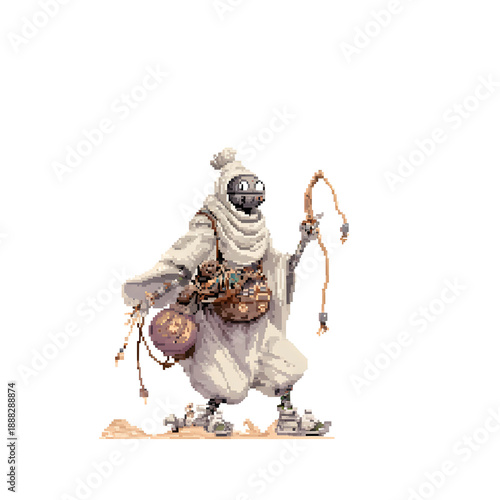 Illustrated Pixel cartoon character desert warrior , 8 bit Pixel with white background, 8 bit character, pixel character