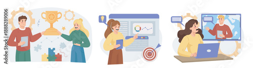 Soft skills set. Men and women working on common project. Colleagues and partners near charts. Collaboration and cooperation, communication. Flat vector collection isolated on white background