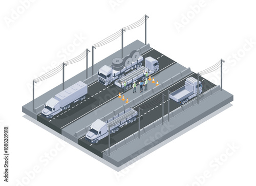 Isometric steel transportation. Trucks carrying iron pipes on road. Uniformed inspectors inspect vehicles cabin. Shipping, transportation and logistics. Volumetric vector illustration