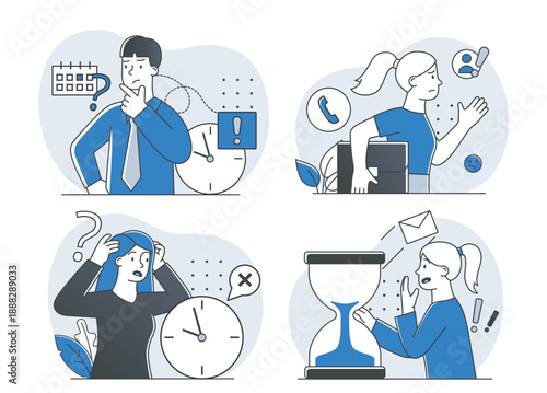 Stressed business people set. Workers suffer from deadline pressure. Poor time management and inefficient workflow. Frustration and fatigue. Linear vector collection isolated on white background