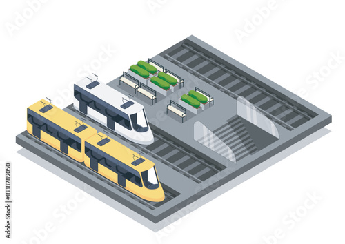 Isometric subway train station. Yellow and white trains on railroad. Urban infrastructure. Transportation and travel. Underground vehicle. Volumetric vector illustration