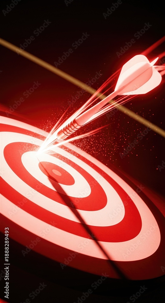 Obraz premium White dart hitting red target center with sparkling light creating a burst effect. Accuracy and success concept for competition.