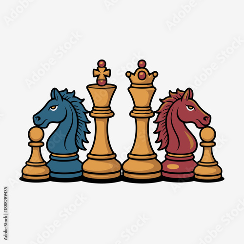 The image showcases a set of colorful chess pieces Two knights, a king, and a queen are prominently displayed, each in distinct colors.