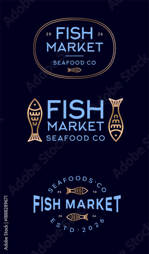 Premium restaurant signs or labels. Fish market logo. Blue letters and gold color fish on signs of various shapes. Round icon.