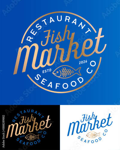 Premium signboard or label for a restaurant or seafood deli. Golden lettering with gold fish in circle badge. Vintage style sign.