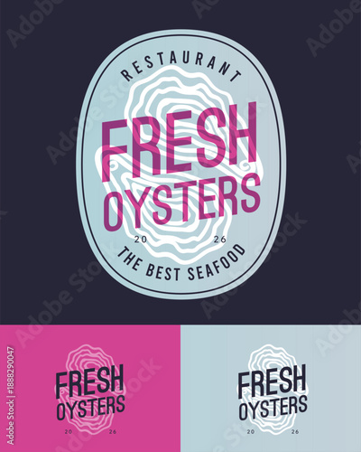Premium signboard or label for a restaurant.  Seafood deli. Letters and oysters silhouette on rounded badge.