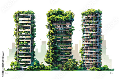 residential skyscrapers consumed by overgrows set fro isolated illustration