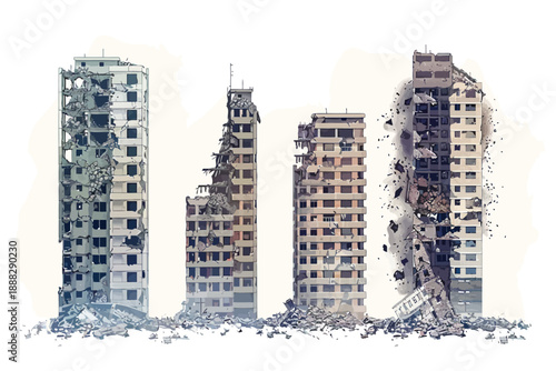 residential skyscrapers destroyed by bombs set front isolated illustration