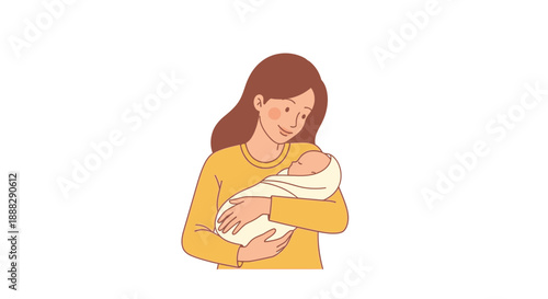 Happy loving mother tenderly holding her swaddled newborn baby, looking down with affection, in a flat design illustration on an isolated white background.