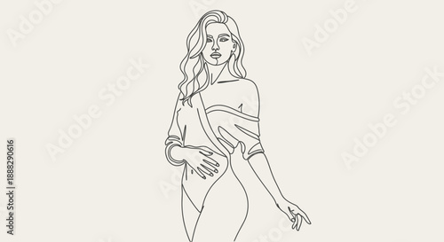 Confident stylish woman standing and posing with a hand on her hip, showcasing modern fashion in a continuous line art illustration on a light gray background.