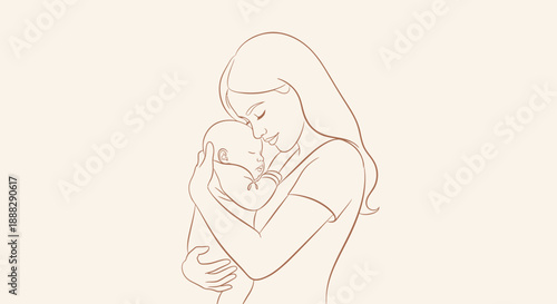 Loving mother tenderly holding her sleeping newborn baby in a continuous line art illustration on a light beige background.