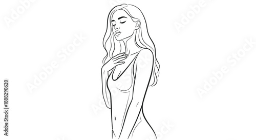 Serene woman posing with hand on chest on isolated white background, conveying gentleness and introspection.