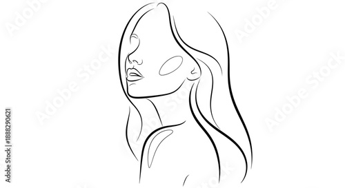 Serene woman's minimalist face and upper body line art on isolated white background, conveying peace and natural beauty.