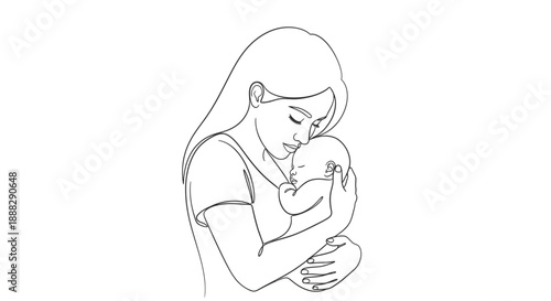 Serene mother lovingly holding her newborn baby in a continuous line art illustration on an isolated white background.