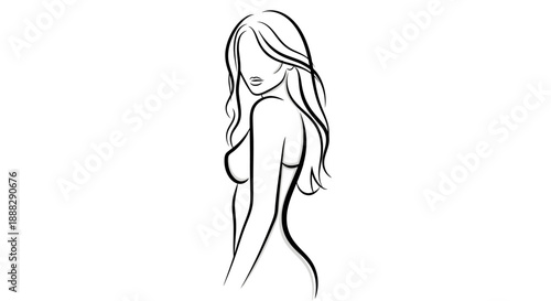 Alluring elegant woman standing with long flowing hair in a graceful side profile, rendered in a continuous line art illustration on an isolated white background.