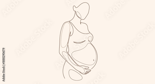 Calm pregnant woman standing and affectionately holding her belly in a continuous line art illustration on a light beige background.