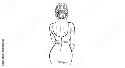 Elegant woman standing with her hair styled in a bun, captured from a graceful back view in a continuous line art illustration on an isolated white background.