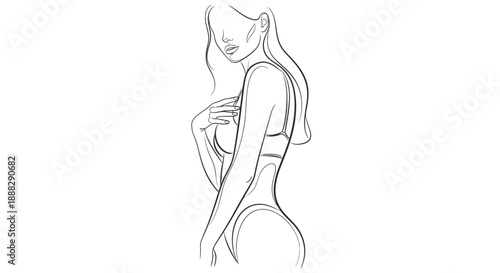 Elegant and sensual woman posing gracefully, looking over her shoulder in a continuous line art illustration on an isolated white background.