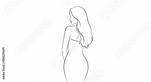 Elegant woman standing with long flowing hair, looking back over her shoulder in a continuous line art illustration on an isolated white background.