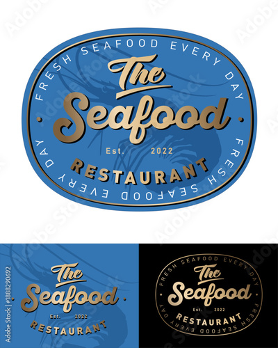 Premium signboard or label for a restaurant or seafood deli. Golden letters and big shrimp silhouette in rounded badge. Vintage style sign.