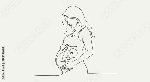 Pregnant woman tenderly holding her belly with a visible fetus in a continuous line art illustration on a light gray background.