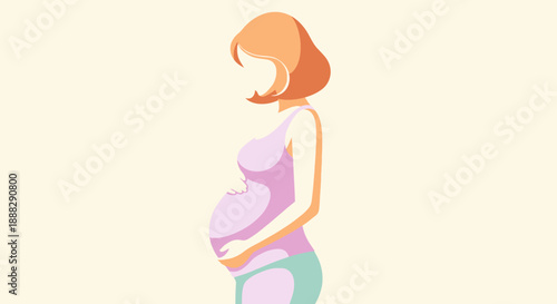Cute Cartoon Pregnant Woman in Profile Holding Her Belly on a Light Yellow Background