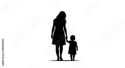 Silhouette of a Mother and Child Walking Hand-in-Hand on Isolated White Background