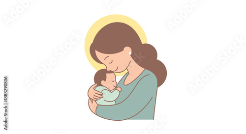 Smiling Mother with Halo Tenderly Holding Her Baby on a Light Yellow Background
