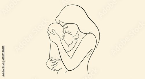 Continuous Line Art of a Peaceful Mother Cuddling Her Baby on a Light Beige Background