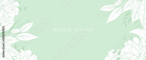 Wallpaper Mural Floral spring design on a green background with space for text. A border with an ornament of roses and peony flowers, leaves and branches. Vector illustration Torontodigital.ca