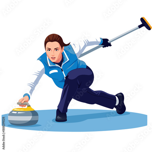 Professional winter athlete playing curling on ice rink, social media fitness post, transparent background, vector  