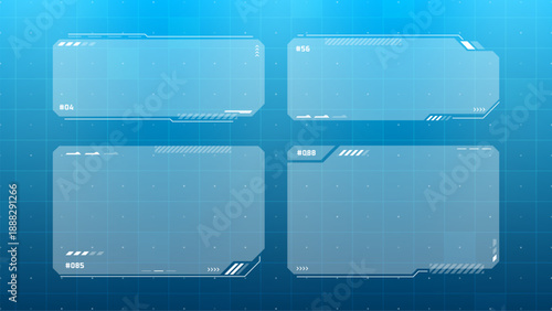 Four blue transparent hud interface windows on grid pattern background. Futuristic ui graphic for data display template.