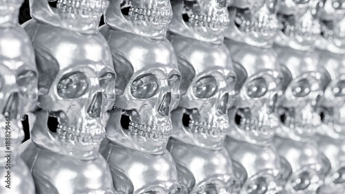 Rows of silver chrome skulls background. 3D rendered metallic horror pattern.