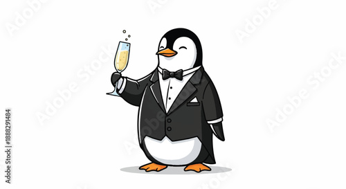 Elegant Penguin in Black Tuxedo Holding Champagne Glass