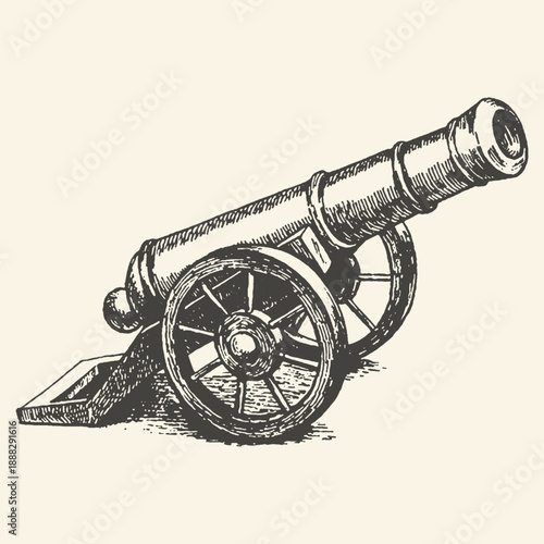 Vintage Artillery Cannon Engraving in Black and White, Illustrating Historical Warfare and Military Equipment.