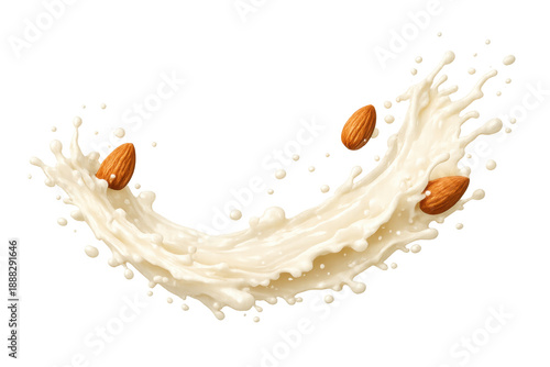 Almond milk splash with falling almonds. Dynamic plant-based vegan beverage or cream splash on transparent background © PNG Kingdom 