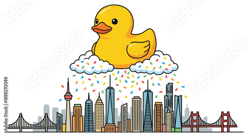 A giant rubber duck floating above a city skyline, shedding confetti clouds isolated