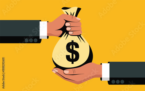 Two individuals exchanging a money bag with a dollar sign, symbolizing financial transaction, business deal, or bribery, illustrated in a simple graphic style