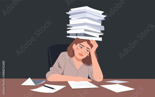 Overwhelmed office worker sitting at desk with large stack of papers floating above her head