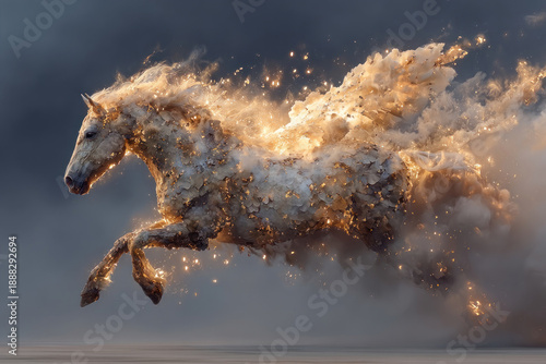 A fantasy digital illustration featuring a white horse, galloping forward, seemingly woven from light, smoke, and golden sparks. 