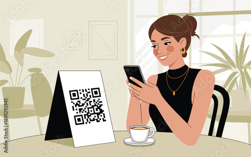 Woman scanning QR code on menu at a cafe table indoors with a cup of coffee